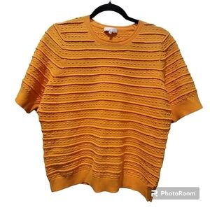 Rebecca Taylor XL Viscose Blend Mustard Yellow Short Sleeve Ribbed Blouse Office